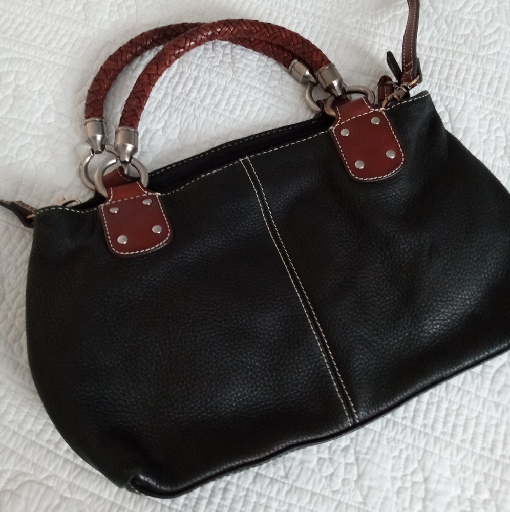 Fossil Black Leather braided handle purse hand bag